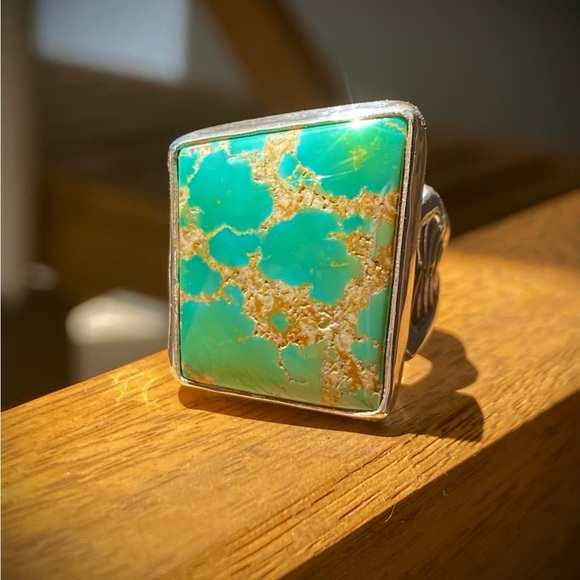 Kings Manassa Turquoise and Heavy Sterling Silver Stamped Ring - Picture 3 of 6